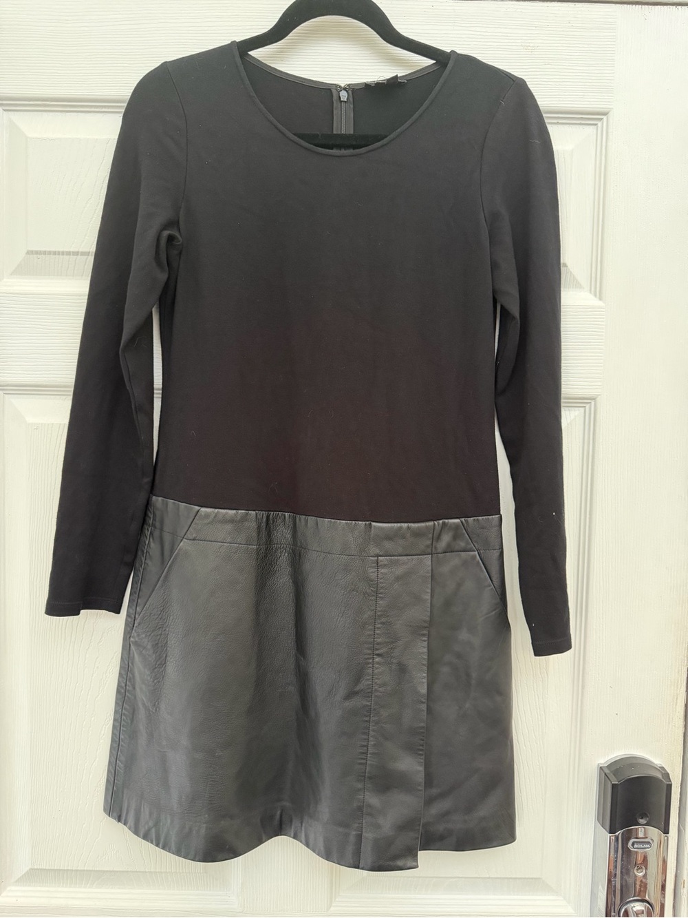 Theory Black Long-Sleeve Dress with Leather-Look Skirt